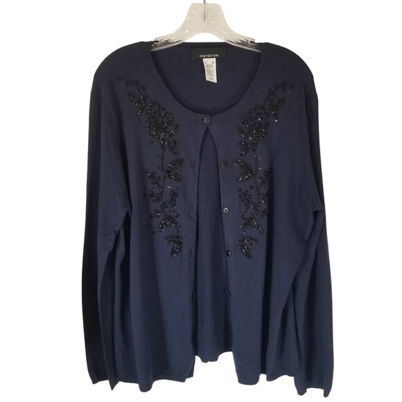 Jones NY Beaded Cardigan Sweater in Deep Navy Blue - Picture 1 of 9